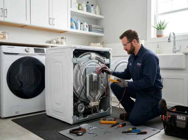 Appliance Repair Hero technician checking a dryer heating element with the rear panel off in Barker, NY