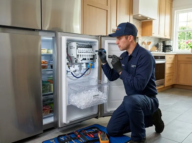 Appliance Repair Hero technician repairing a refrigerator ice maker in Barker, NY