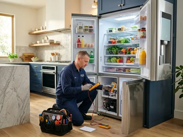 Appliance Repair Hero refrigerator technician testing a fridge on a Barker, NY service call