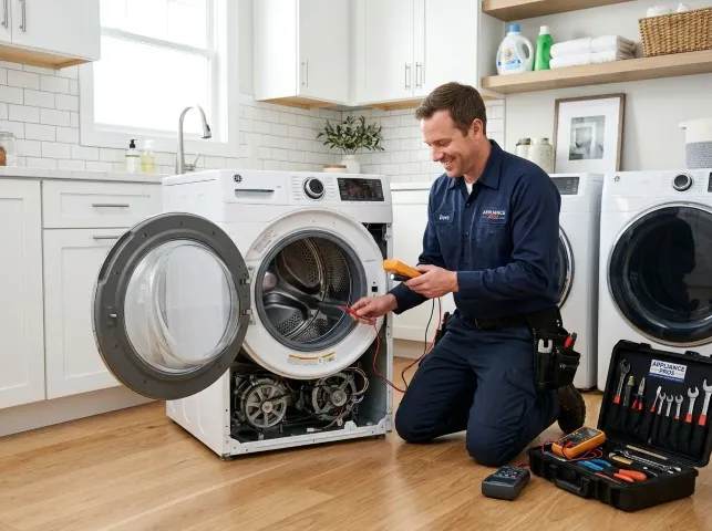 Appliance Repair Hero technician testing a front-load washer with a multimeter on a Barker, NY service call